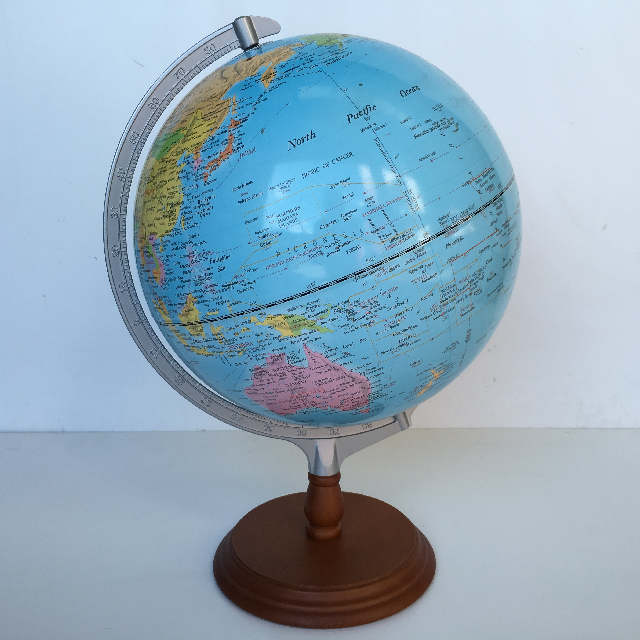 GLOBE, Large Blue on Timber Base 45cm H